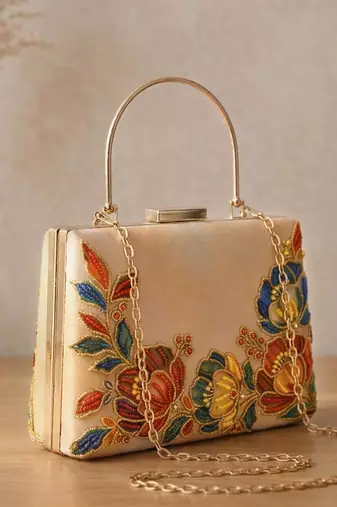 Printed gold floral  bag for women clutch bag for women with detachable strap