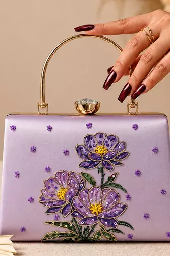 Lavender floral embroidered clutch bag for women with detachable strap