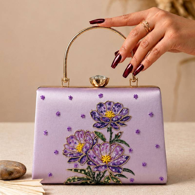 Lavender floral embroidered clutch bag for women with detachable strap