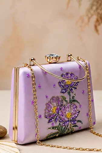Lavender floral embroidered clutch bag for women with detachable strap