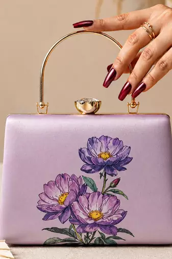 Lavender floral embroidered clutch bag for women with detachable strap