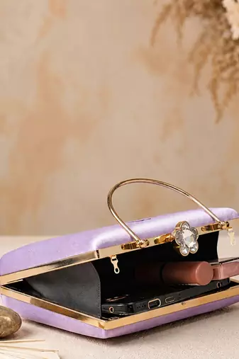 Lavender floral embroidered clutch bag for women with detachable strap