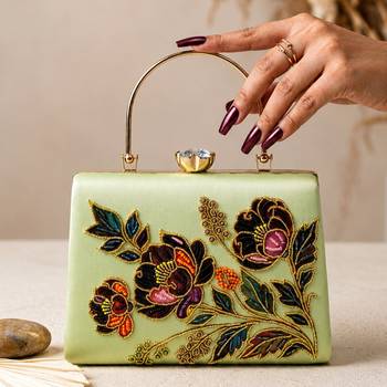Green floral embroidered designer clutch bag for women with detachable strap 1