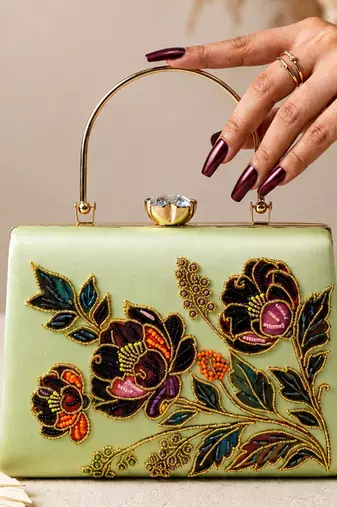 Green floral embroidered designer clutch bag for women with detachable strap