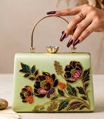 Green floral embroidered designer clutch bag for women with detachable strap