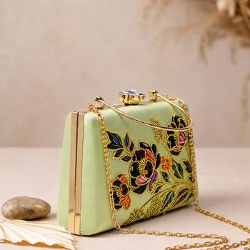 Green floral embroidered designer clutch bag for women with detachable strap 2