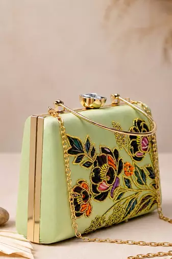 Green floral embroidered designer clutch bag for women with detachable strap