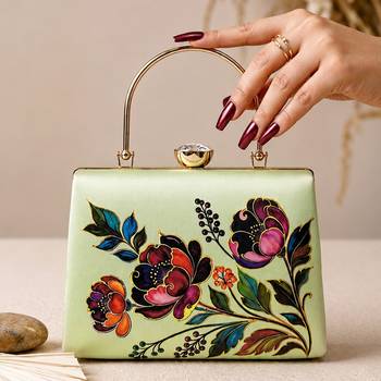 Green floral embroidered designer clutch bag for women with detachable strap 3