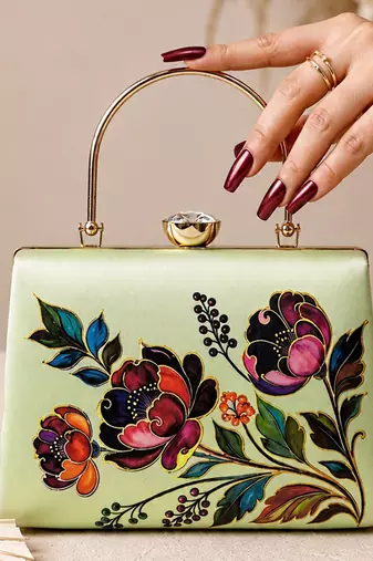 Green floral embroidered designer clutch bag for women with detachable strap