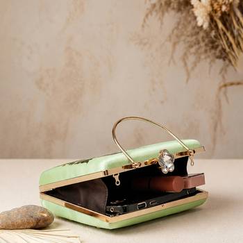 Green floral embroidered designer clutch bag for women with detachable strap 4