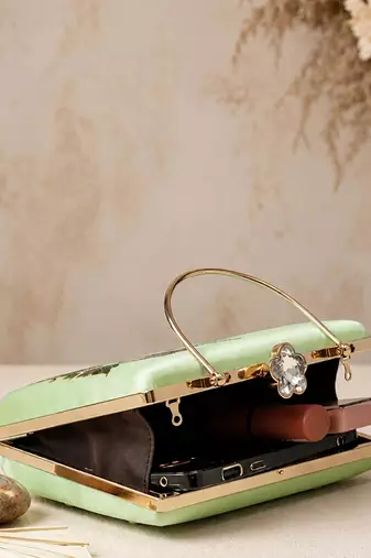 Green floral embroidered designer clutch bag for women with detachable strap