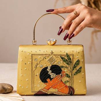 Yellow artistic embroidered evening clutch bag for women with detachable strap 1
