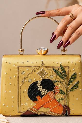 Yellow artistic embroidered evening clutch bag for women with detachable strap
