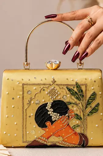 Yellow artistic embroidered evening clutch bag for women with detachable strap