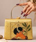 Yellow artistic embroidered evening clutch bag for women with detachable strap