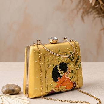 Yellow artistic embroidered evening clutch bag for women with detachable strap 2