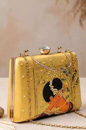 Yellow artistic embroidered evening clutch bag for women with detachable strap