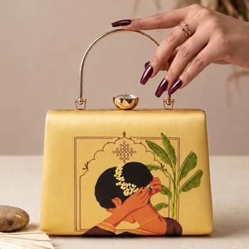 Yellow artistic embroidered evening clutch bag for women with detachable strap 3