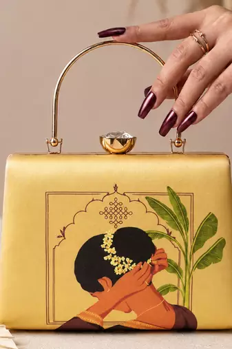 Yellow artistic embroidered evening clutch bag for women with detachable strap