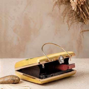 Yellow artistic embroidered evening clutch bag for women with detachable strap 4