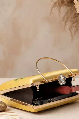 Yellow artistic embroidered evening clutch bag for women with detachable strap