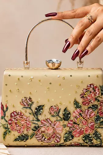 Gold floral embellished luxury clutch bag  for women with detachable strap