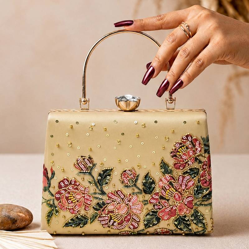 Gold floral embellished luxury clutch bag  for women with detachable strap