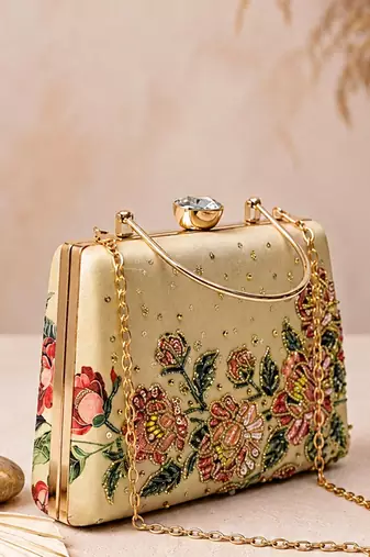 Gold floral embellished luxury clutch bag  for women with detachable strap