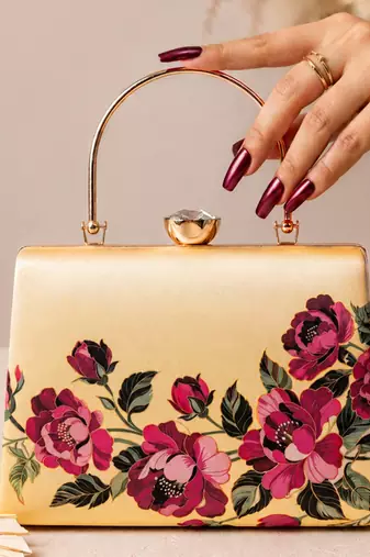 Gold floral embellished luxury clutch bag  for women with detachable strap