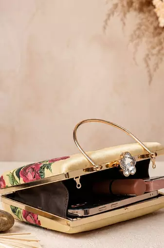 Gold floral embellished luxury clutch bag  for women with detachable strap
