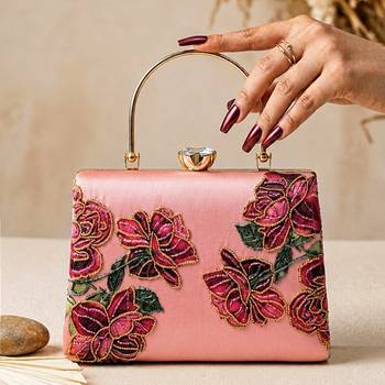 Pink rose embroidered designer clutch bag for women with detachable strap 1