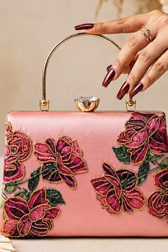 Pink rose embroidered designer clutch bag for women with detachable strap