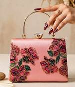 Pink rose embroidered designer clutch bag for women with detachable strap