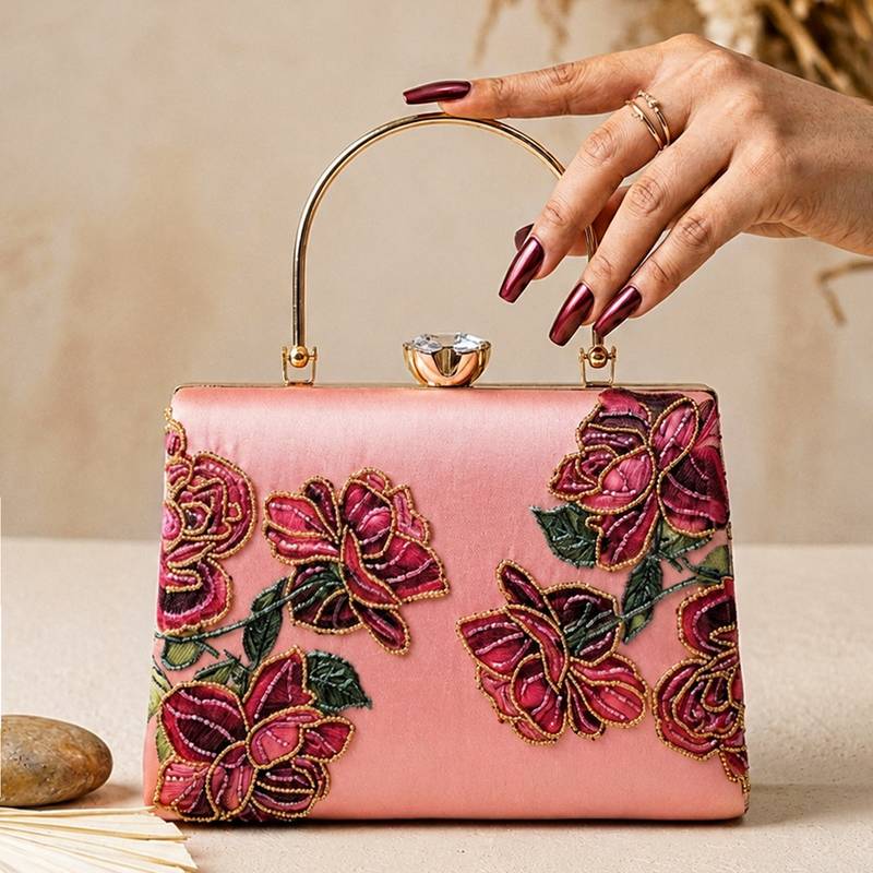 Pink rose embroidered designer clutch bag for women with detachable strap