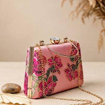 Pink rose embroidered designer clutch bag for women with detachable strap 2