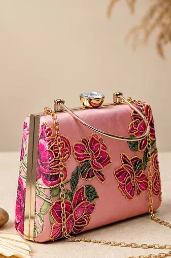 Pink rose embroidered designer clutch bag for women with detachable strap