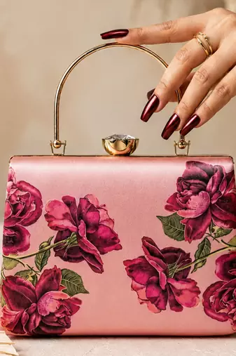 Pink rose embroidered designer clutch bag for women with detachable strap