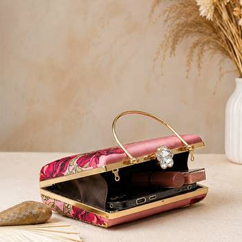 Pink rose embroidered designer clutch bag for women with detachable strap 4