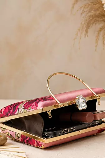 Pink rose embroidered designer clutch bag for women with detachable strap