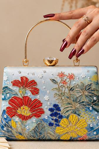 Blue floral artistic embroidered clutch for women with detachable strap