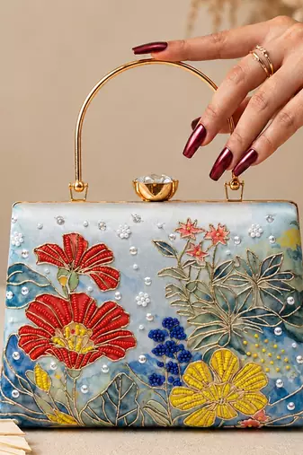 Blue floral artistic embroidered clutch for women with detachable strap