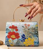 Blue floral artistic embroidered clutch for women with detachable strap