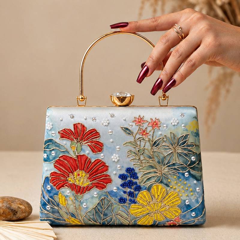 Blue floral artistic embroidered clutch for women with detachable strap
