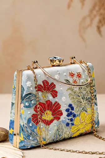 Blue floral artistic embroidered clutch for women with detachable strap