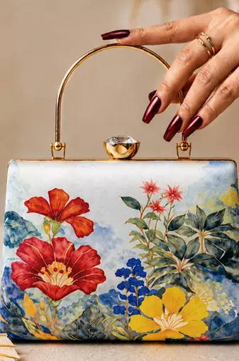 Blue floral artistic embroidered clutch for women with detachable strap