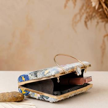 Blue floral artistic embroidered clutch for women with detachable strap 4