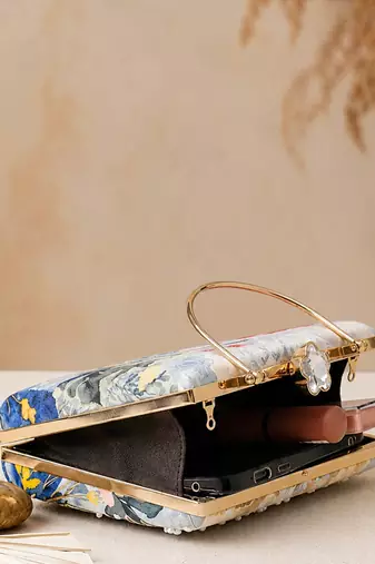 Blue floral artistic embroidered clutch for women with detachable strap