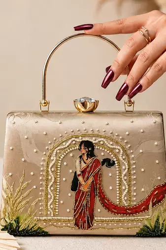 Beige traditional art embroidered clutch bag for women with detachable strap