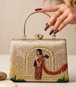 Beige traditional art embroidered clutch bag for women with detachable strap