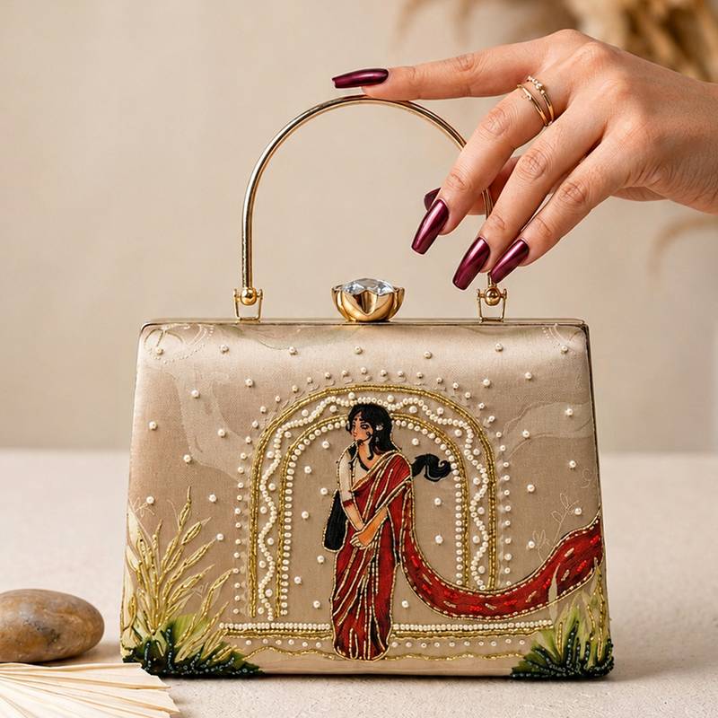 Beige traditional art embroidered clutch bag for women with detachable strap